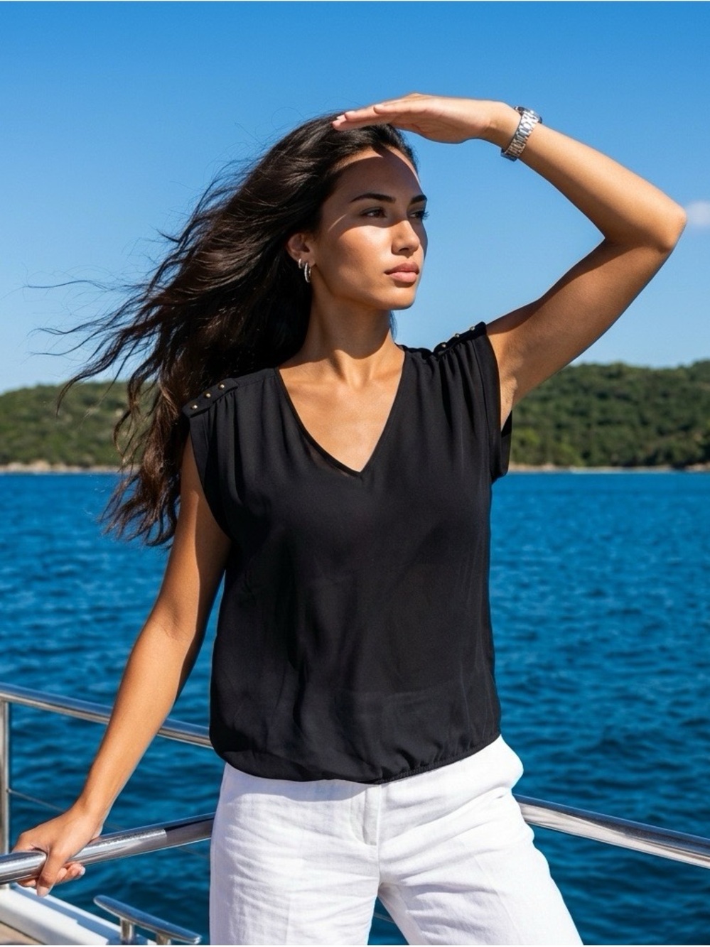 Zara Black Sleeveless V-Neck Bubble Hem Top with Stud Shoulder Detail